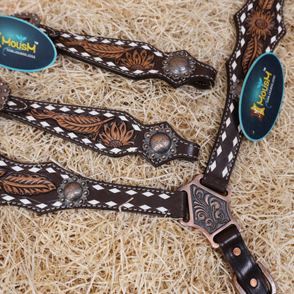 MOUSM Western Horse Headstall – Handcrafted from Argentine Cow Leather Featuring Sunflower Hand Tooling, Buck Stitching, Congress Concho, and All Antique Copper Hardware