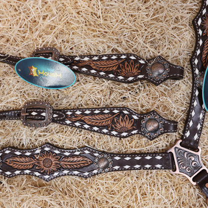 MOUSM Western Horse Headstall – Handcrafted from Argentine Cow Leather Featuring Sunflower Hand Tooling, Buck Stitching, Congress Concho, and All Antique Copper Hardware