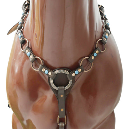 MOUSM Headstall &amp; Breast Collar Set – Made from Genuine Argentina Leather Featuring Copper Rings, Connecting Leather Straps with Copper-Tone Rivets, and Decorative Turquoise Stones, All Antique Copper Hardware Finish