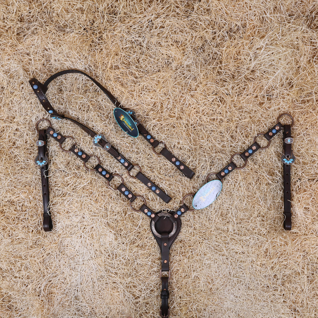 MOUSM Headstall &amp; Breast Collar Set – Made from Genuine Argentina Leather Featuring Copper Rings, Connecting Leather Straps with Copper-Tone Rivets, and Decorative Turquoise Stones, All Antique Copper Hardware Finish