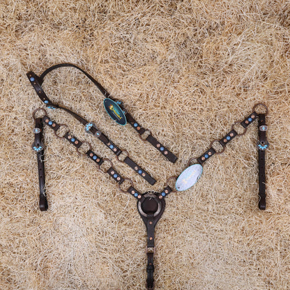 MOUSM Headstall &amp; Breast Collar Set – Made from Genuine Argentina Leather Featuring Copper Rings, Connecting Leather Straps with Copper-Tone Rivets, and Decorative Turquoise Stones, All Antique Copper Hardware Finish