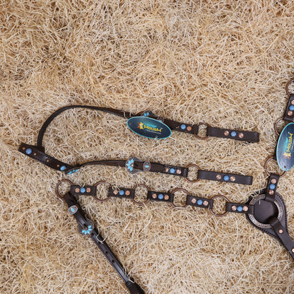 MOUSM Headstall &amp; Breast Collar Set – Made from Genuine Argentina Leather Featuring Copper Rings, Connecting Leather Straps with Copper-Tone Rivets, and Decorative Turquoise Stones, All Antique Copper Hardware Finish