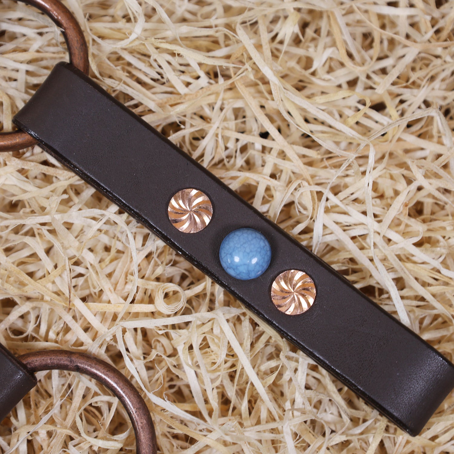 MOUSM Headstall &amp; Breast Collar Set – Made from Genuine Argentina Leather Featuring Copper Rings, Connecting Leather Straps with Copper-Tone Rivets, and Decorative Turquoise Stones, All Antique Copper Hardware Finish