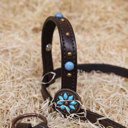 MOUSM Headstall &amp; Breast Collar Set – Made from Genuine Argentina Leather Featuring Copper Rings, Connecting Leather Straps with Copper-Tone Rivets, and Decorative Turquoise Stones, All Antique Copper Hardware Finish