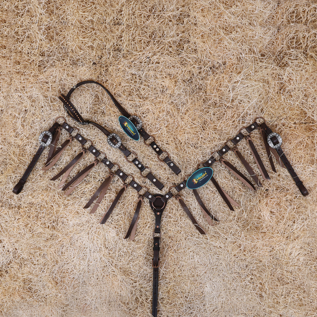 MOUSM Western Headstall Set – Featuring Copper Rings Connected by Leather Straps, Large Shining Rhinestones at the Center, Leather Lashes on the Breast Collar, and All Antique Copper Hardware