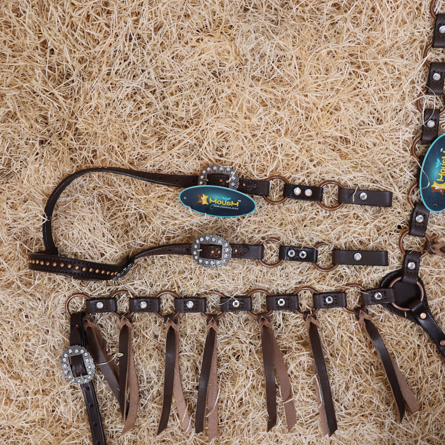 MOUSM Western Headstall Set – Featuring Copper Rings Connected by Leather Straps, Large Shining Rhinestones at the Center, Leather Lashes on the Breast Collar, and All Antique Copper Hardware