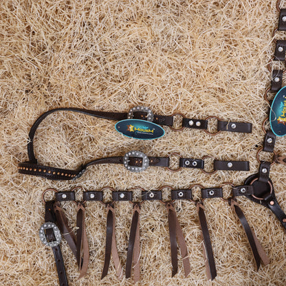 MOUSM Western Headstall Set – Featuring Copper Rings Connected by Leather Straps, Large Shining Rhinestones at the Center, Leather Lashes on the Breast Collar, and All Antique Copper Hardware