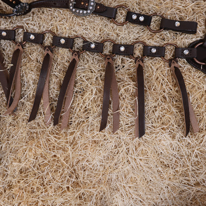 MOUSM Western Headstall Set – Featuring Copper Rings Connected by Leather Straps, Large Shining Rhinestones at the Center, Leather Lashes on the Breast Collar, and All Antique Copper Hardware