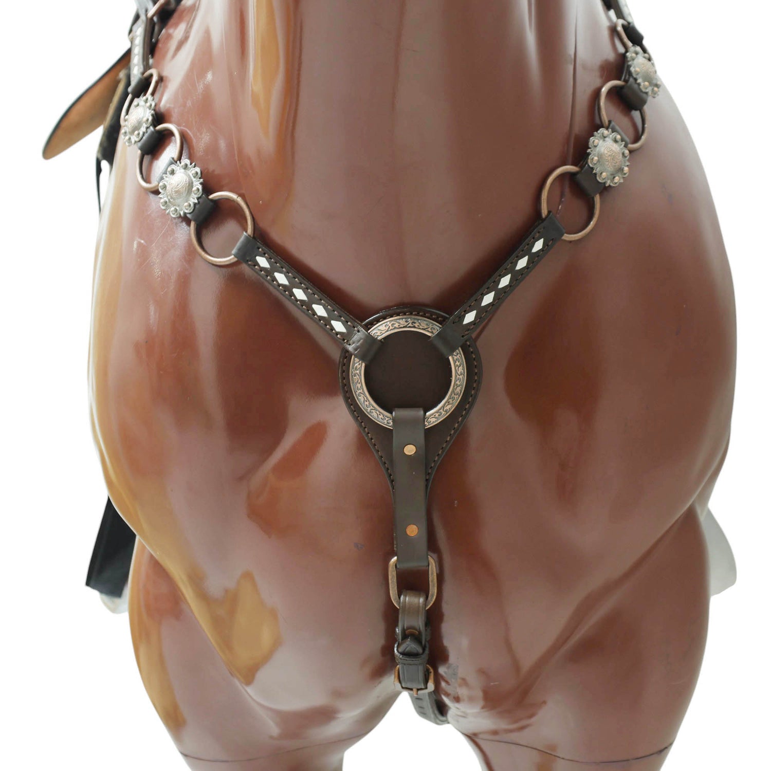 MOUSM Ring Headstall and Breast Collar Set - Decorated with Copper Rings Connected by Leather Strap, Congress Conchos at Center, Buck Stitching on Browband and Breast Collar, All Antique Copper Hardware