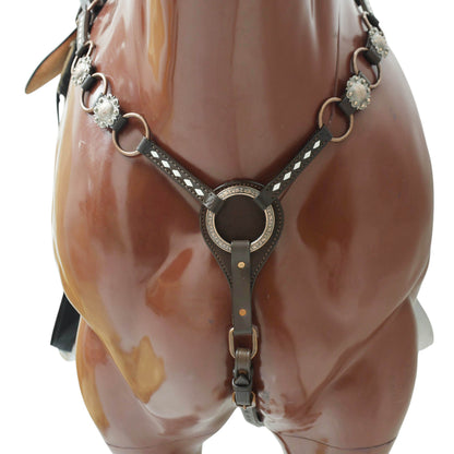 MOUSM Ring Headstall and Breast Collar Set - Decorated with Copper Rings Connected by Leather Strap, Congress Conchos at Center, Buck Stitching on Browband and Breast Collar, All Antique Copper Hardware