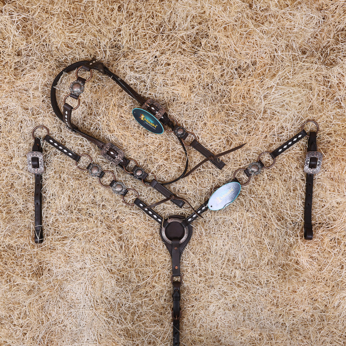 MOUSM Ring Headstall and Breast Collar Set - Decorated with Copper Rings Connected by Leather Strap, Congress Conchos at Center, Buck Stitching on Browband and Breast Collar, All Antique Copper Hardware