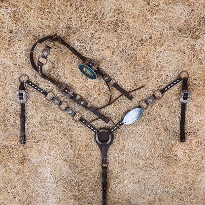 MOUSM Ring Headstall and Breast Collar Set - Decorated with Copper Rings Connected by Leather Strap, Congress Conchos at Center, Buck Stitching on Browband and Breast Collar, All Antique Copper Hardware