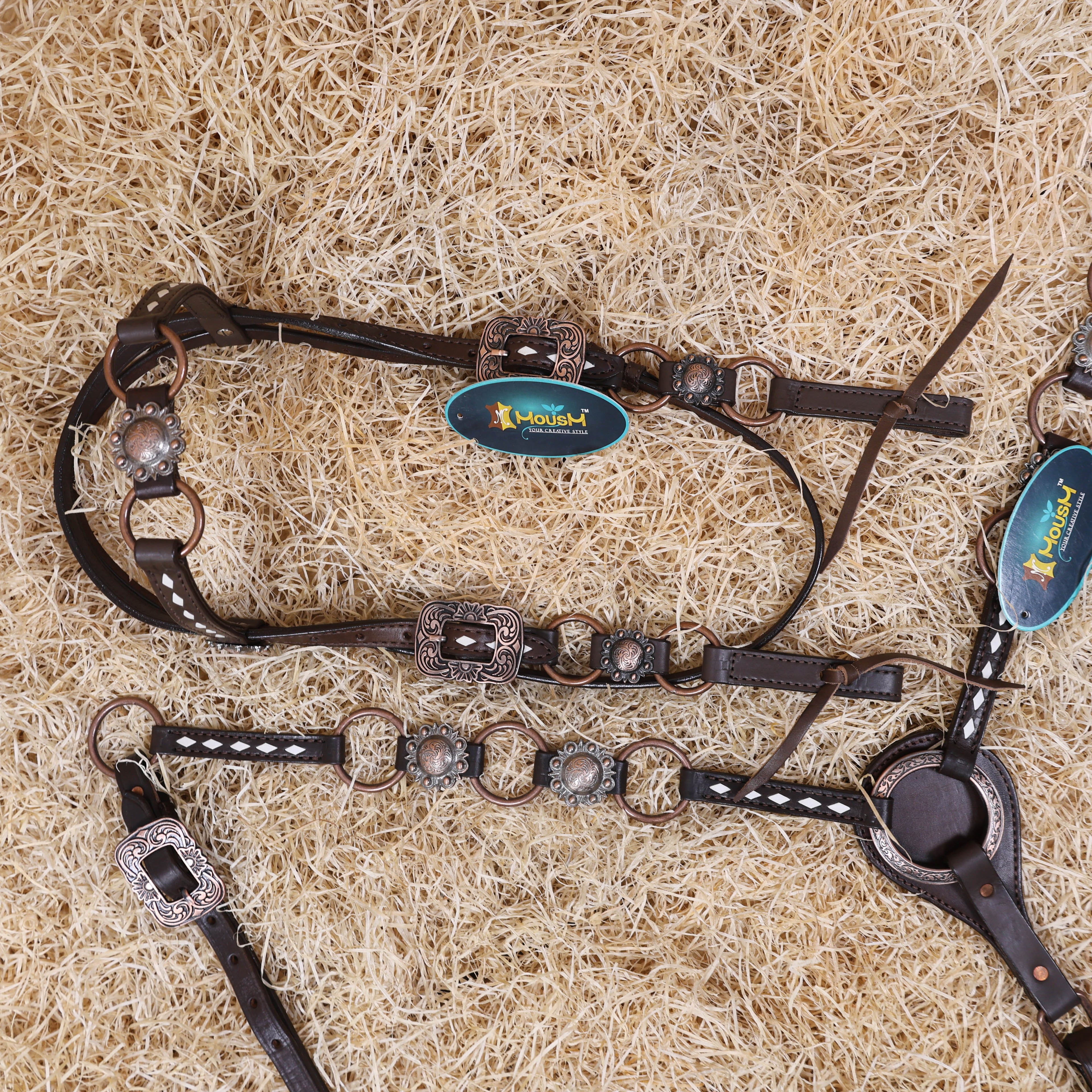 MOUSM Ring Headstall and Breast Collar Set - Decorated with Copper Rings Connected by Leather Strap, Congress Conchos at Center, Buck Stitching on Browband and Breast Collar, All Antique Copper Hardware