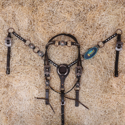 MOUSM Ring Headstall and Breast Collar Set - Decorated with Copper Rings Connected by Leather Strap, Congress Conchos at Center, Buck Stitching on Browband and Breast Collar, All Antique Copper Hardware