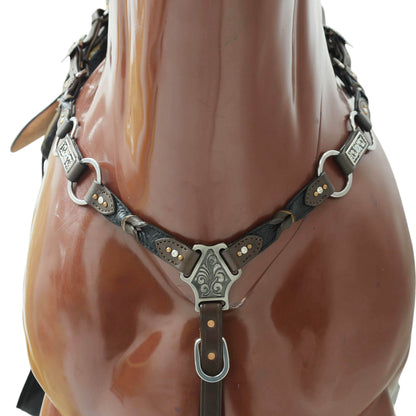 MOUSM Western Horse Tack Set – Argentina Cow Leather Braided One-Ear Headstall and Breast Collar, Featuring Nickel Rings Connected by Leather Strap, and Decorative Silver-Tone Center Plate, All Antique Nickel Hardware