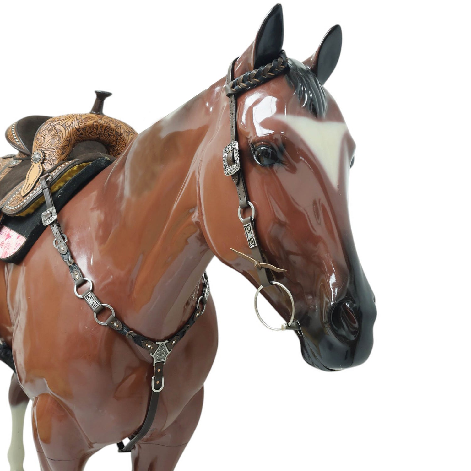 MOUSM Western Horse Tack Set – Argentina Cow Leather Braided One-Ear Headstall and Breast Collar, Featuring Nickel Rings Connected by Leather Strap, and Decorative Silver-Tone Center Plate, All Antique Nickel Hardware