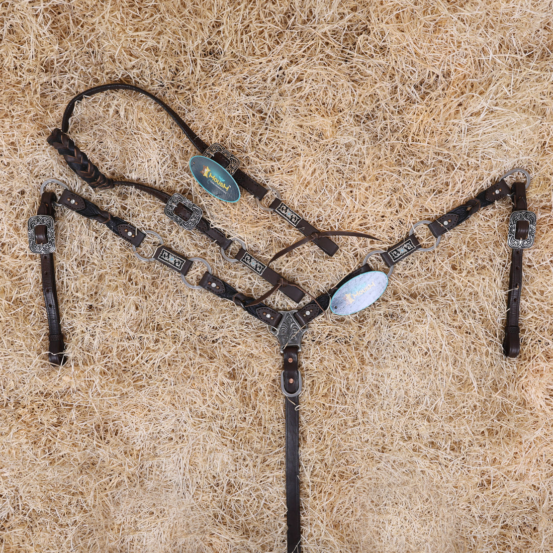 MOUSM Western Horse Tack Set – Argentina Cow Leather Braided One-Ear Headstall and Breast Collar, Featuring Nickel Rings Connected by Leather Strap, and Decorative Silver-Tone Center Plate, All Antique Nickel Hardware