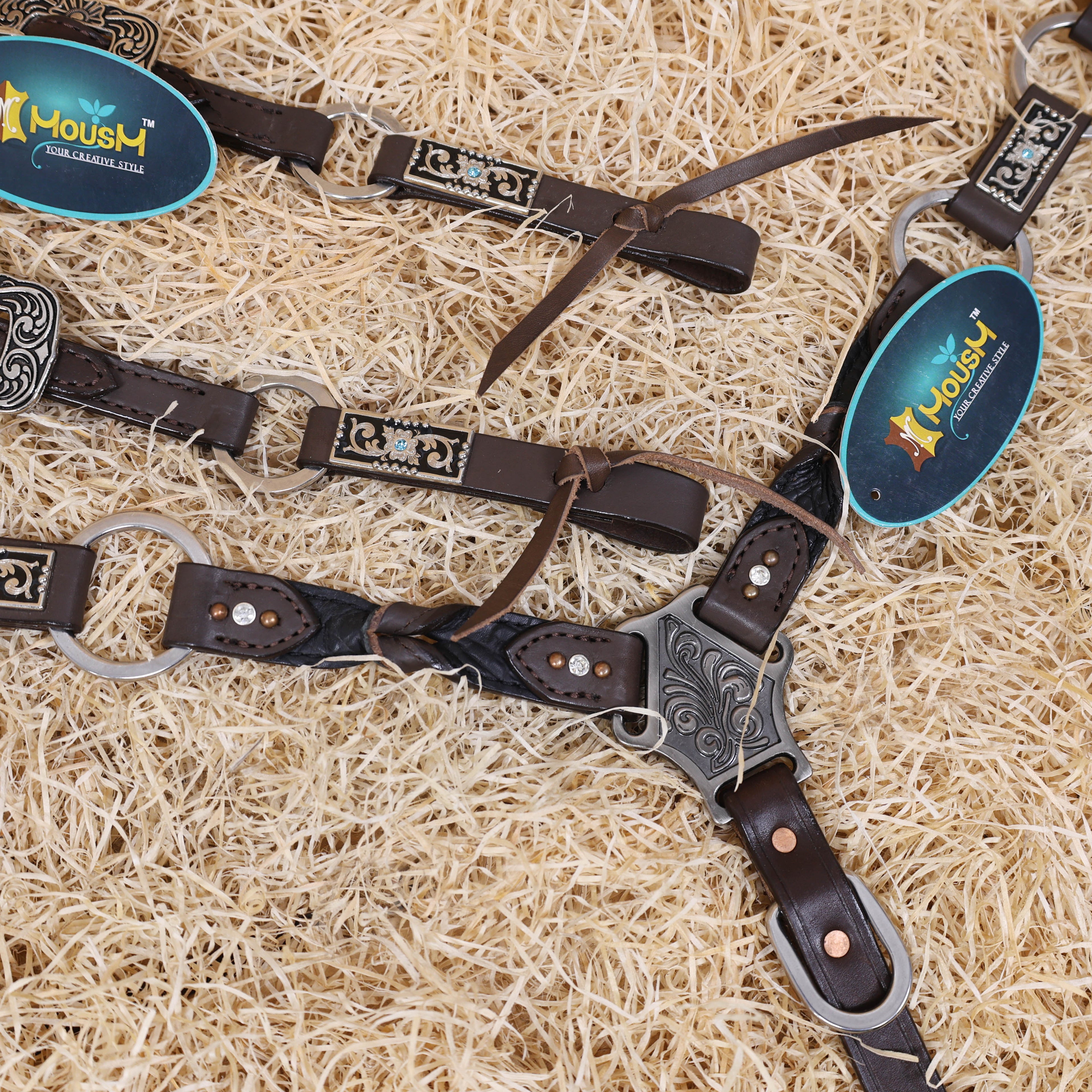 MOUSM Western Horse Tack Set – Argentina Cow Leather Braided One-Ear Headstall and Breast Collar, Featuring Nickel Rings Connected by Leather Strap, and Decorative Silver-Tone Center Plate, All Antique Nickel Hardware