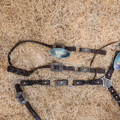 MOUSM Western Horse Tack Set – Argentina Cow Leather Braided One-Ear Headstall and Breast Collar, Featuring Nickel Rings Connected by Leather Strap, and Decorative Silver-Tone Center Plate, All Antique Nickel Hardware
