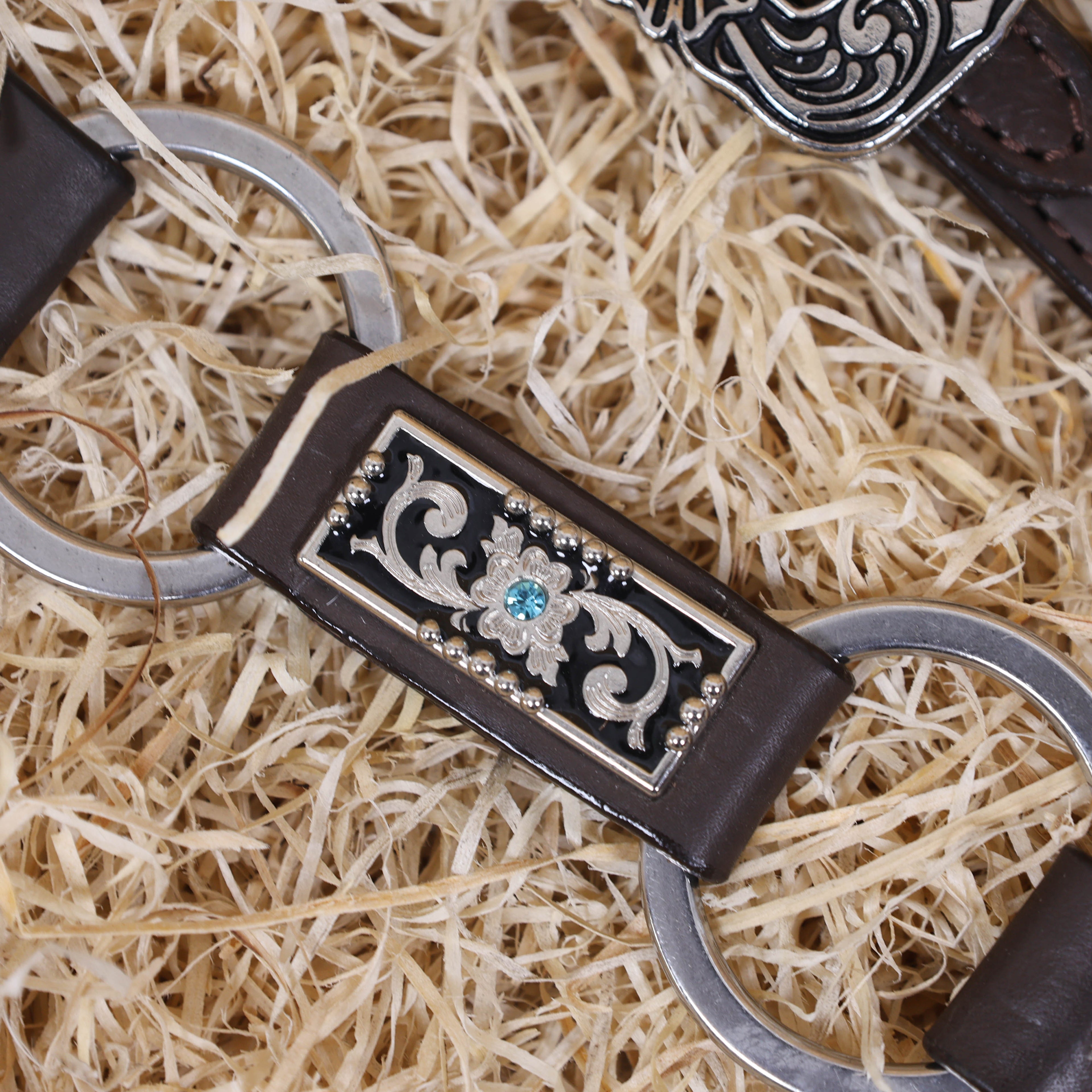 MOUSM Western Horse Tack Set – Argentina Cow Leather Braided One-Ear Headstall and Breast Collar, Featuring Nickel Rings Connected by Leather Strap, and Decorative Silver-Tone Center Plate, All Antique Nickel Hardware