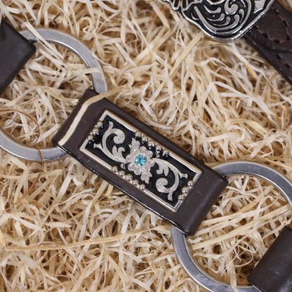 MOUSM Western Horse Tack Set – Argentina Cow Leather Braided One-Ear Headstall and Breast Collar, Featuring Nickel Rings Connected by Leather Strap, and Decorative Silver-Tone Center Plate, All Antique Nickel Hardware