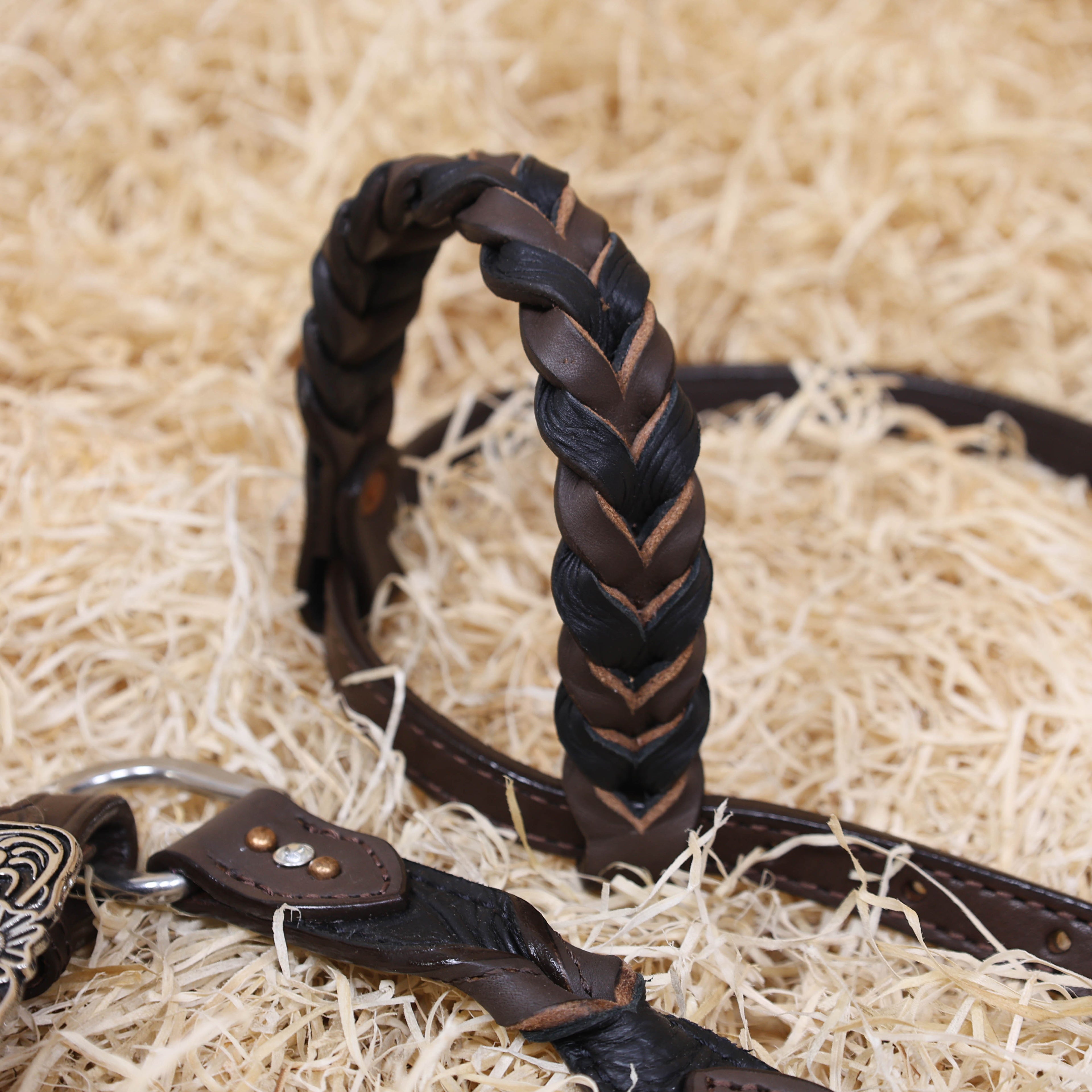 MOUSM Western Horse Tack Set – Argentina Cow Leather Braided One-Ear Headstall and Breast Collar, Featuring Nickel Rings Connected by Leather Strap, and Decorative Silver-Tone Center Plate, All Antique Nickel Hardware