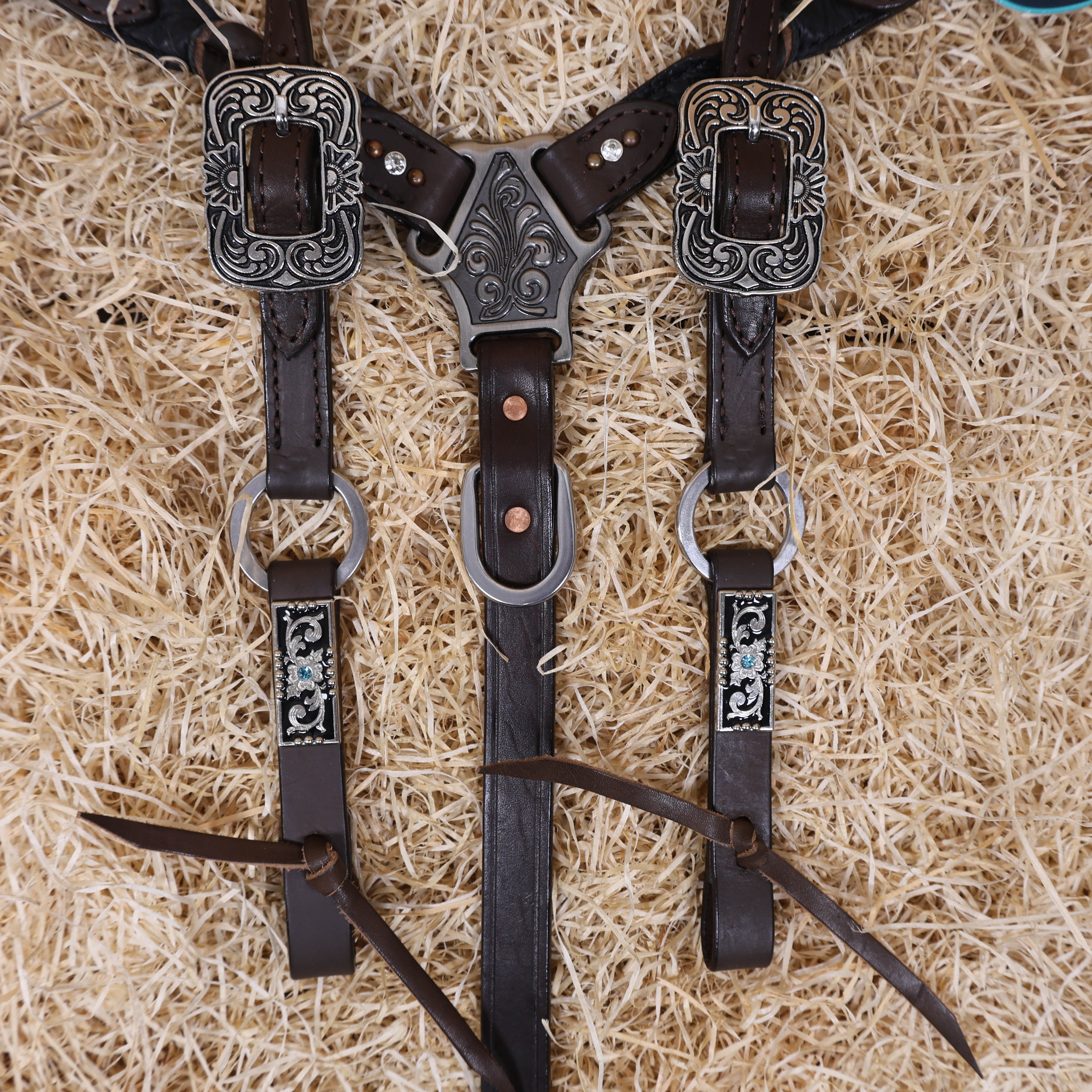 MOUSM Western Horse Tack Set – Argentina Cow Leather Braided One-Ear Headstall and Breast Collar, Featuring Nickel Rings Connected by Leather Strap, and Decorative Silver-Tone Center Plate, All Antique Nickel Hardware
