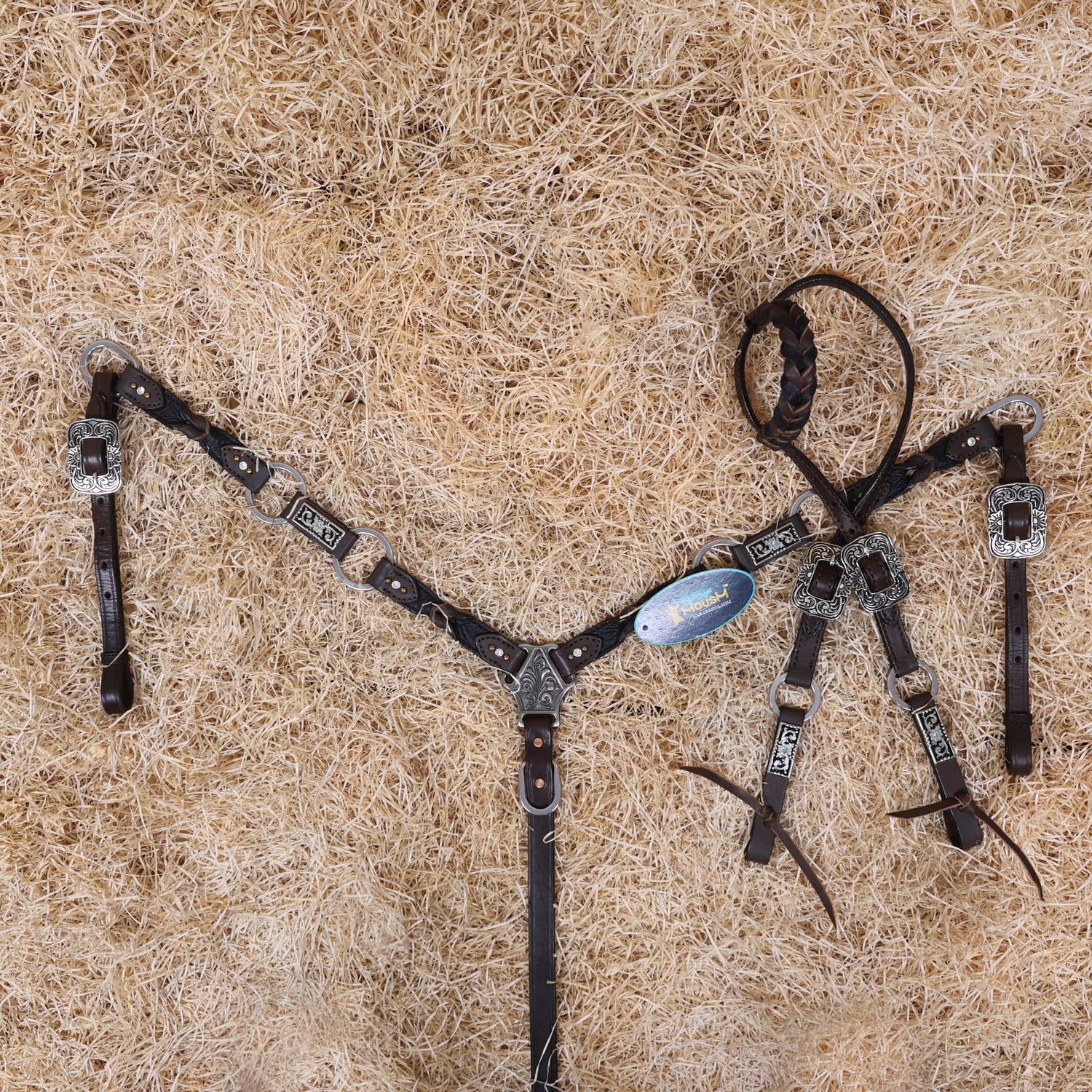 MOUSM Western Horse Tack Set – Argentina Cow Leather Braided One-Ear Headstall and Breast Collar, Featuring Nickel Rings Connected by Leather Strap, and Decorative Silver-Tone Center Plate, All Antique Nickel Hardware