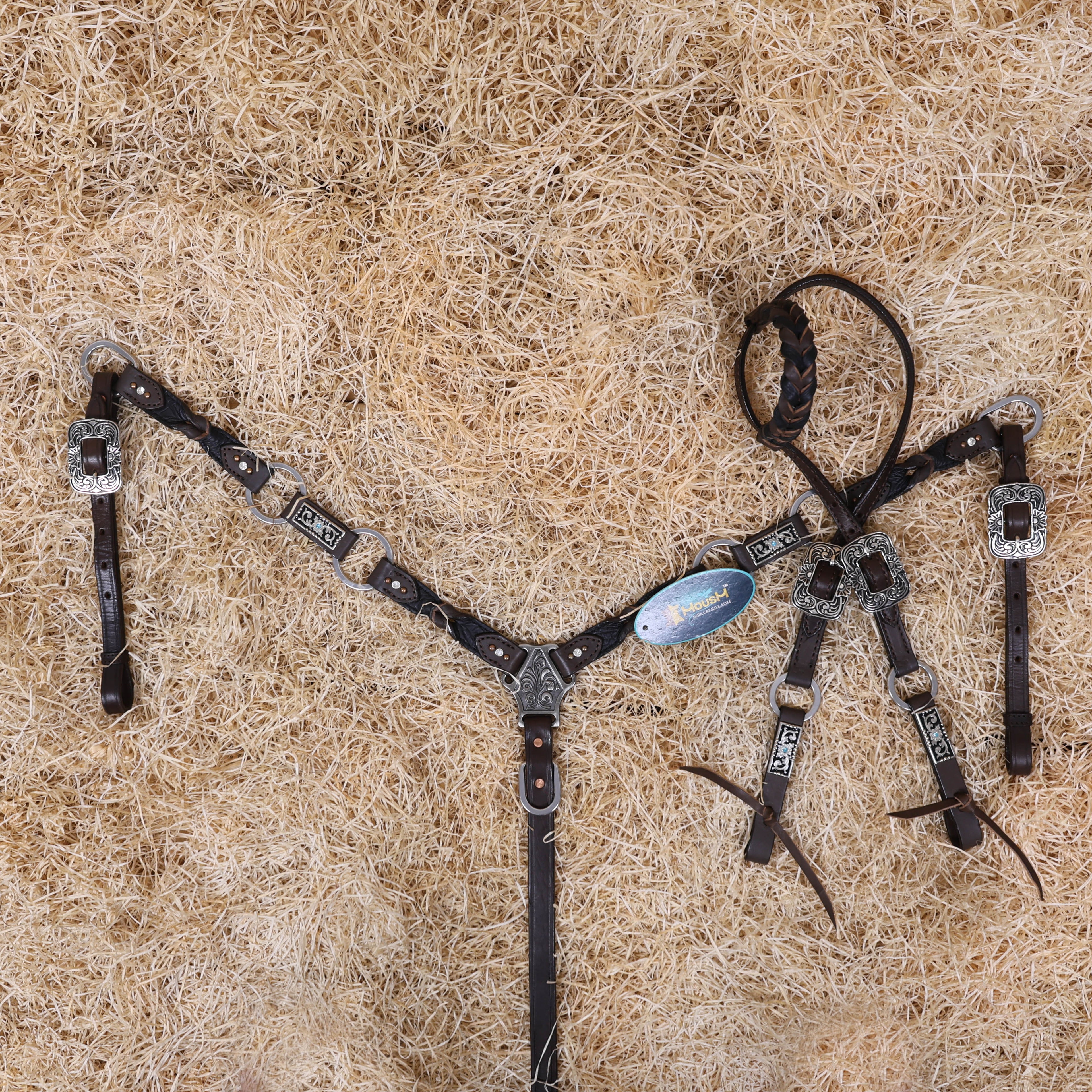 MOUSM Western Horse Tack Set – Argentina Cow Leather Braided One-Ear Headstall and Breast Collar, Featuring Nickel Rings Connected by Leather Strap, and Decorative Silver-Tone Center Plate, All Antique Nickel Hardware