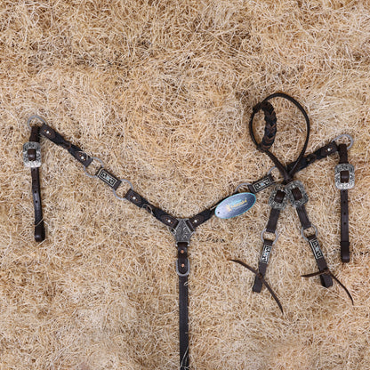 MOUSM Western Horse Tack Set – Argentina Cow Leather Braided One-Ear Headstall and Breast Collar, Featuring Nickel Rings Connected by Leather Strap, and Decorative Silver-Tone Center Plate, All Antique Nickel Hardware