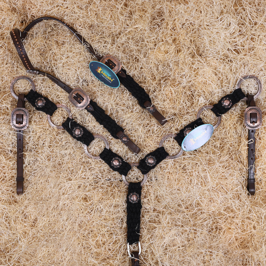 MOUSM Western Headstall Set for Horse - Handcrafted with Genuine Cow Leather Featuring Engraved Copper Rings Connected by Black Mohair, Congress Conchos at Center, All Antique Copper Hardware