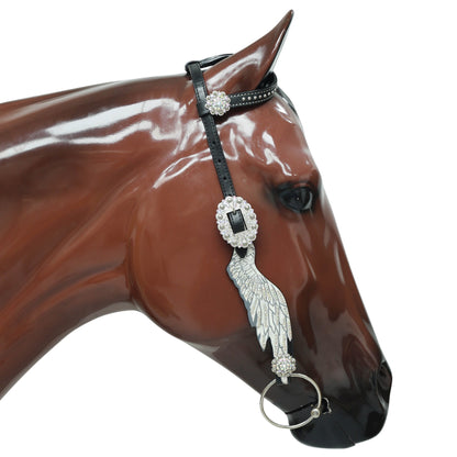MOUSM Western Headstall and Breast Collar Set – Made with Genuine Argentina Cow Leather, Decorated with Hand-Painted White Angel Wings with Shining AB Stones, and Rhinestone Conchos