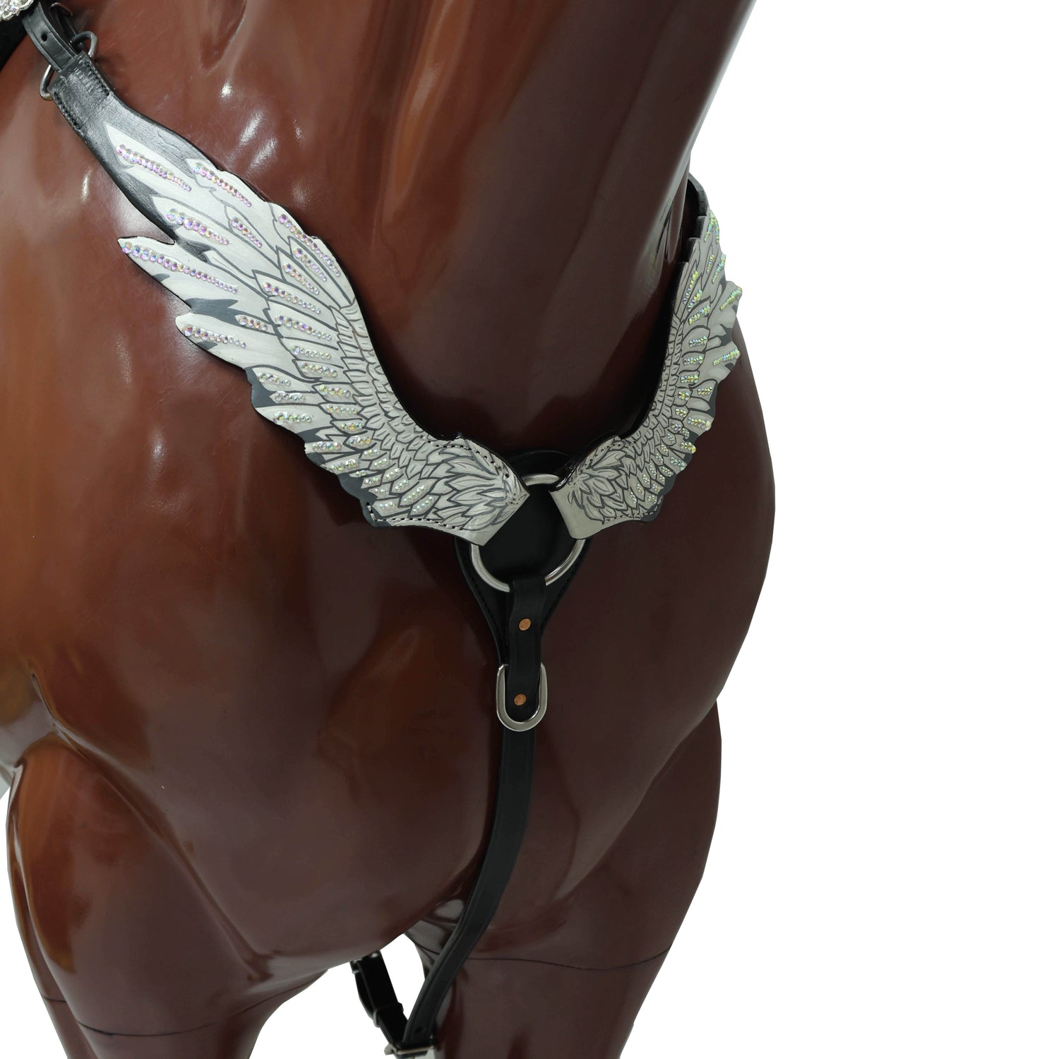 MOUSM Western Headstall and Breast Collar Set – Made with Genuine Argentina Cow Leather, Decorated with Hand-Painted White Angel Wings with Shining AB Stones, and Rhinestone Conchos