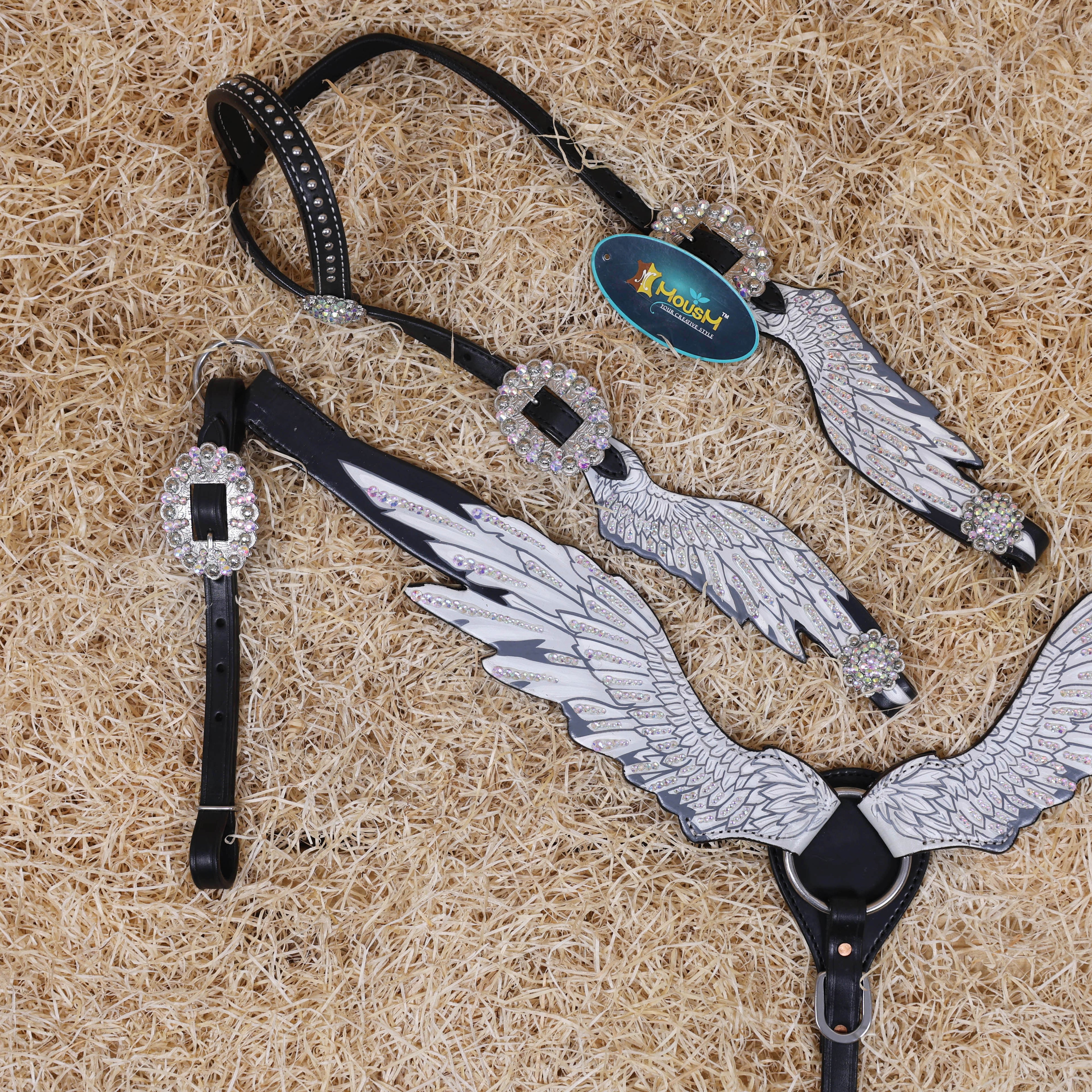 MOUSM Western Headstall and Breast Collar Set – Made with Genuine Argentina Cow Leather, Decorated with Hand-Painted White Angel Wings with Shining AB Stones, and Rhinestone Conchos