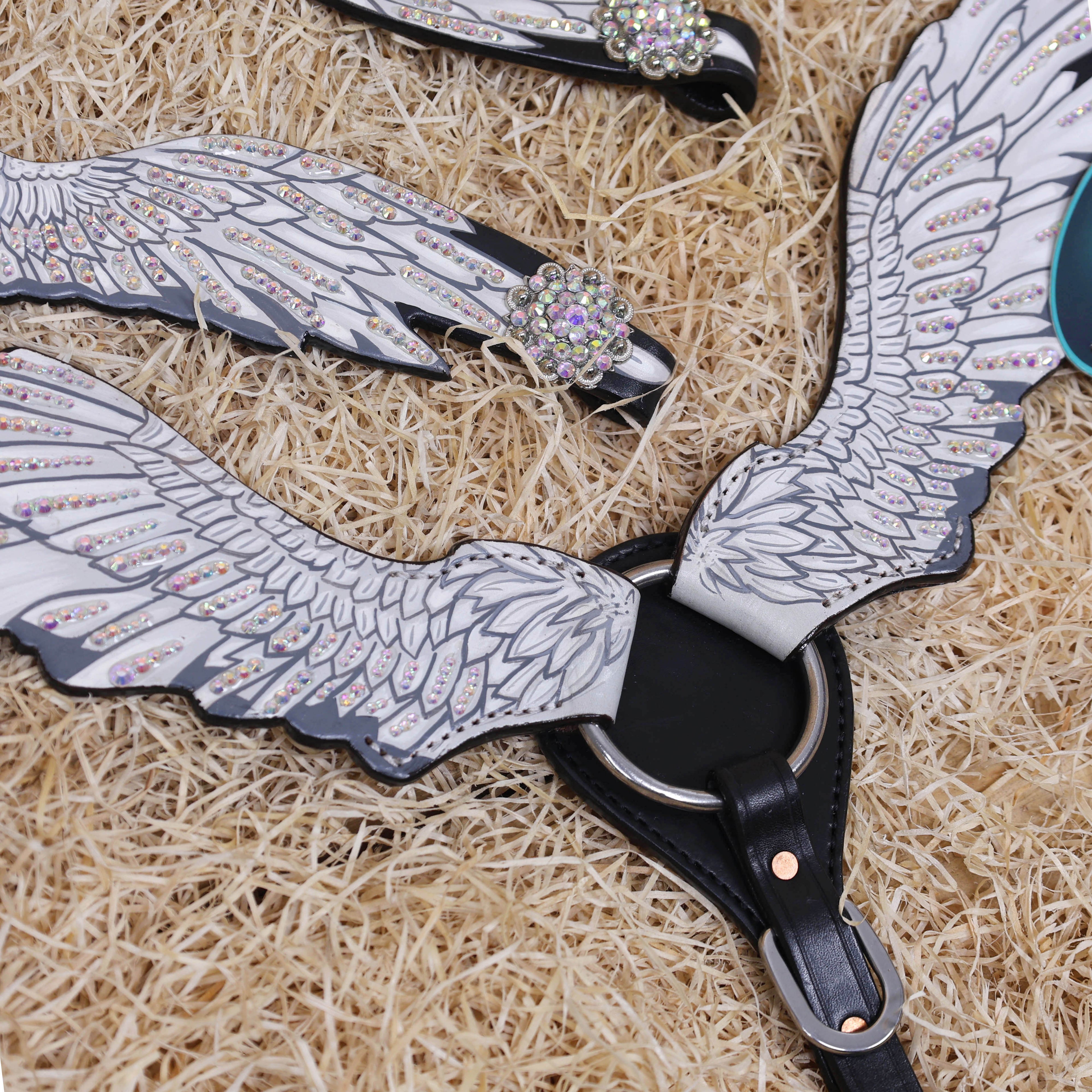 MOUSM Western Headstall and Breast Collar Set – Made with Genuine Argentina Cow Leather, Decorated with Hand-Painted White Angel Wings with Shining AB Stones, and Rhinestone Conchos