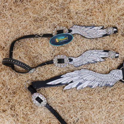 MOUSM Western Headstall and Breast Collar Set – Made with Genuine Argentina Cow Leather, Decorated with Hand-Painted White Angel Wings with Shining AB Stones, and Rhinestone Conchos
