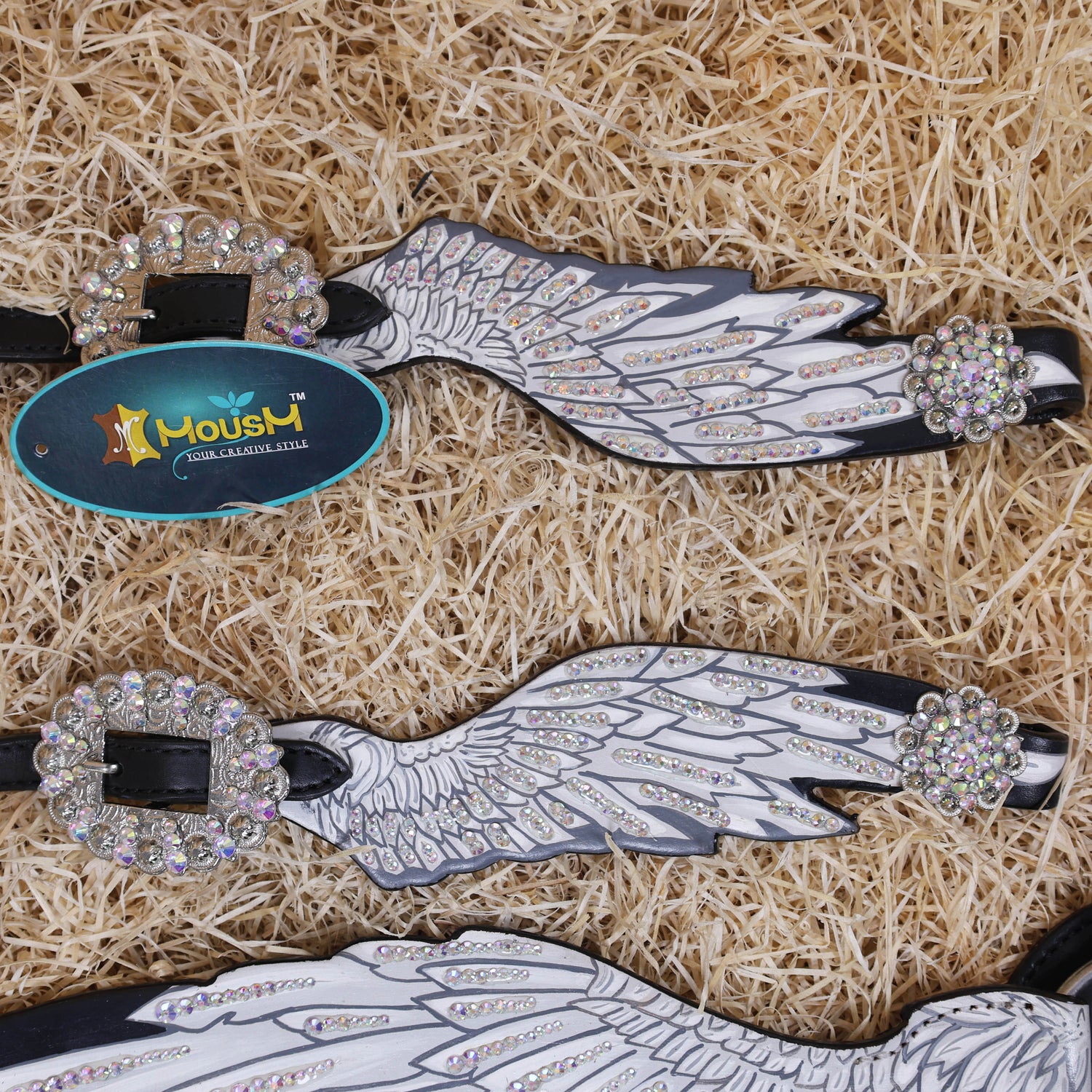 MOUSM Western Headstall and Breast Collar Set – Made with Genuine Argentina Cow Leather, Decorated with Hand-Painted White Angel Wings with Shining AB Stones, and Rhinestone Conchos