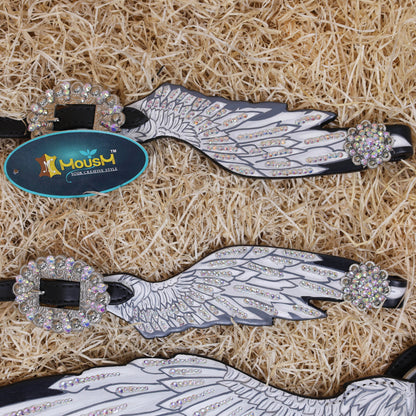MOUSM Western Headstall and Breast Collar Set – Made with Genuine Argentina Cow Leather, Decorated with Hand-Painted White Angel Wings with Shining AB Stones, and Rhinestone Conchos