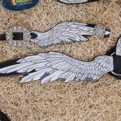 MOUSM Western Headstall and Breast Collar Set – Made with Genuine Argentina Cow Leather, Decorated with Hand-Painted White Angel Wings with Shining AB Stones, and Rhinestone Conchos