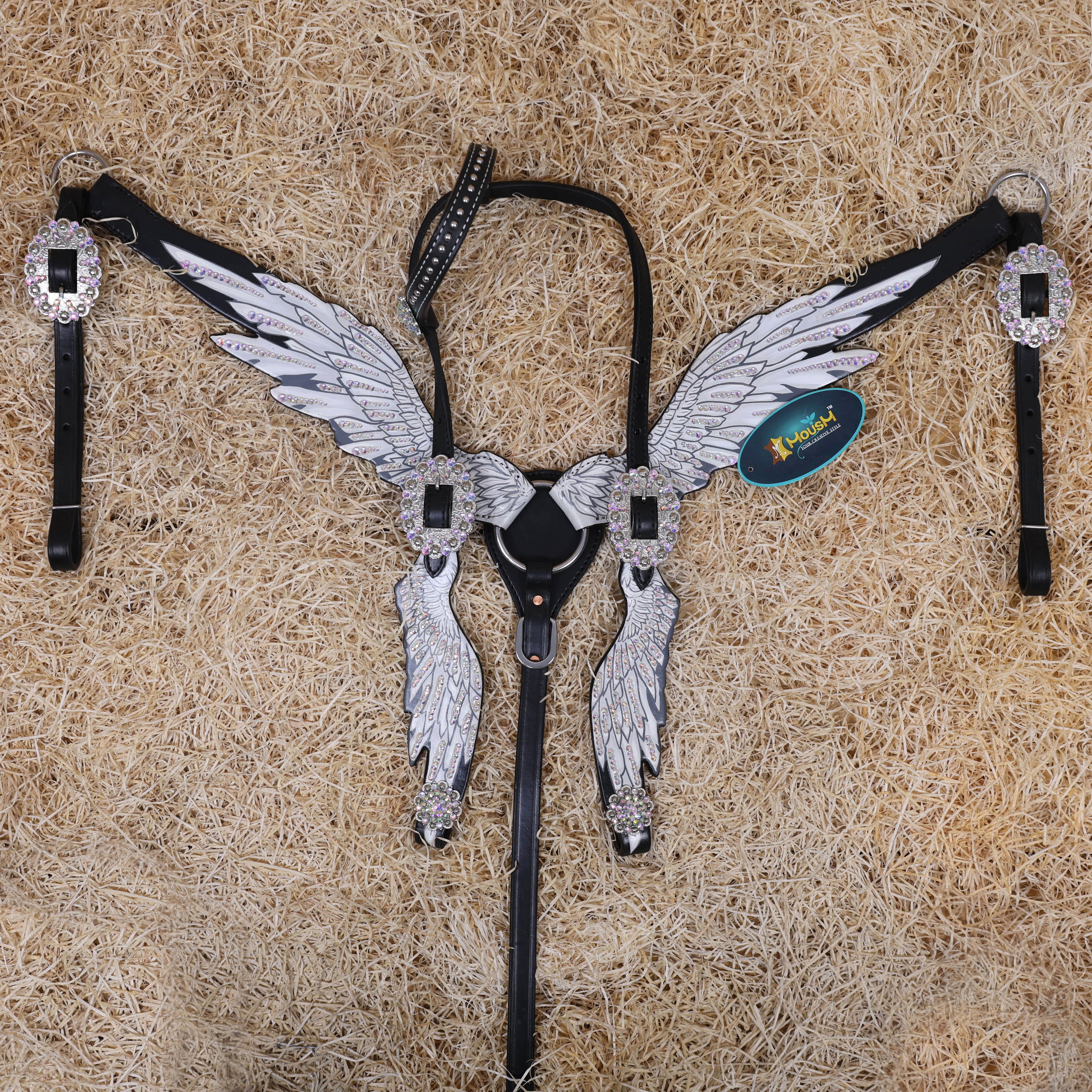 MOUSM Western Headstall and Breast Collar Set – Made with Genuine Argentina Cow Leather, Decorated with Hand-Painted White Angel Wings with Shining AB Stones, and Rhinestone Conchos