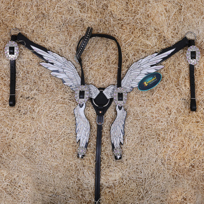 MOUSM Western Headstall and Breast Collar Set – Made with Genuine Argentina Cow Leather, Decorated with Hand-Painted White Angel Wings with Shining AB Stones, and Rhinestone Conchos
