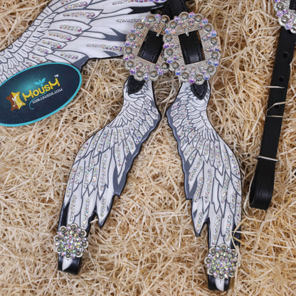MOUSM Western Headstall and Breast Collar Set – Made with Genuine Argentina Cow Leather, Decorated with Hand-Painted White Angel Wings with Shining AB Stones, and Rhinestone Conchos