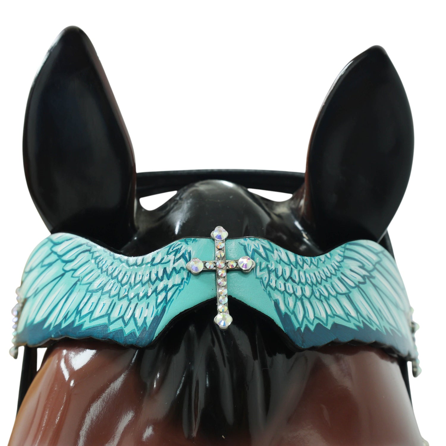 MOUSM Browband Headstall and Breast Collar Set – Made with Genuine Argentina Cow Leather, Featuring Hand-Painted Turquoise Angel Wings, Cross-Style Concho on Browband, Average Full Size Horse