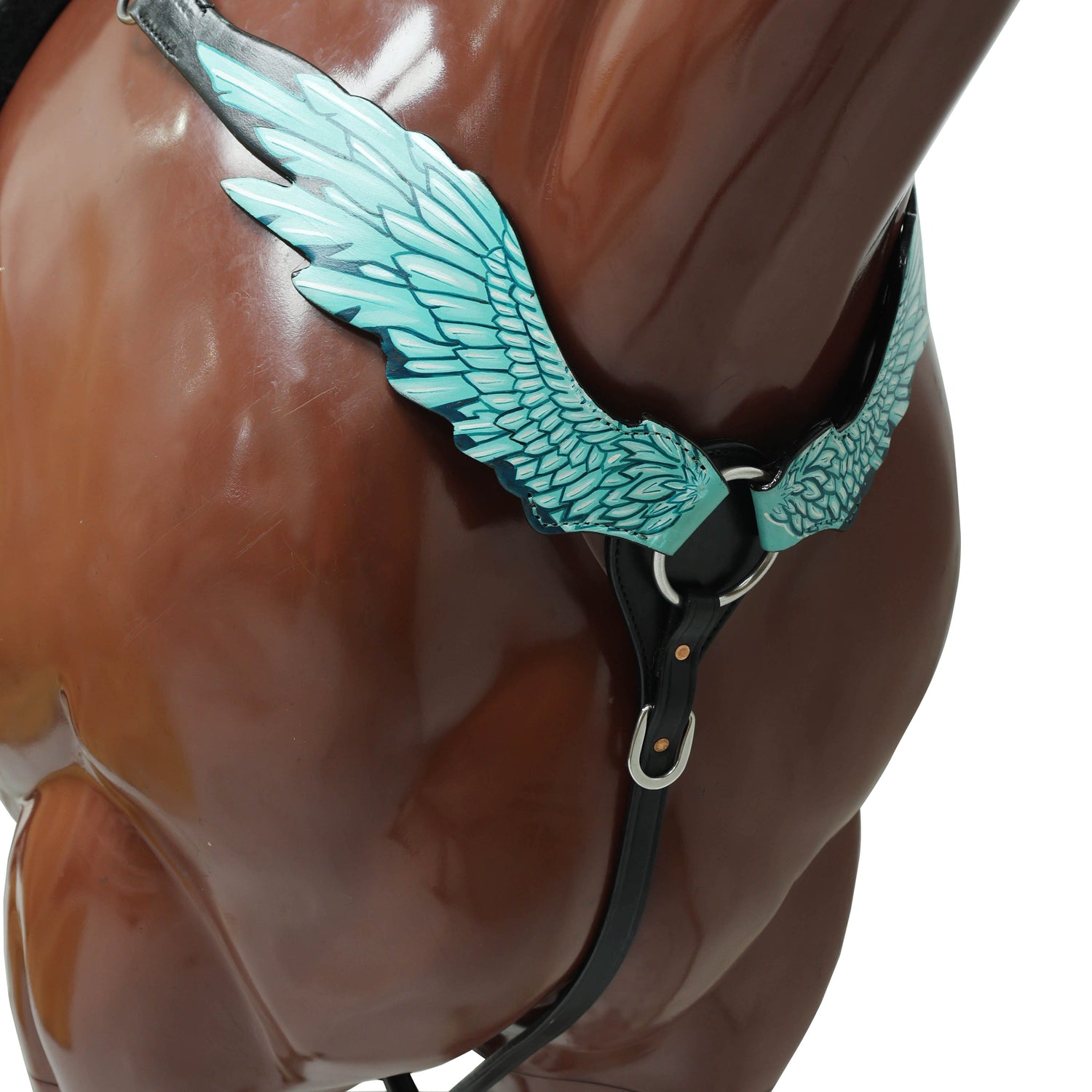 MOUSM Browband Headstall and Breast Collar Set – Made with Genuine Argentina Cow Leather, Featuring Hand-Painted Turquoise Angel Wings, Cross-Style Concho on Browband, Average Full Size Horse