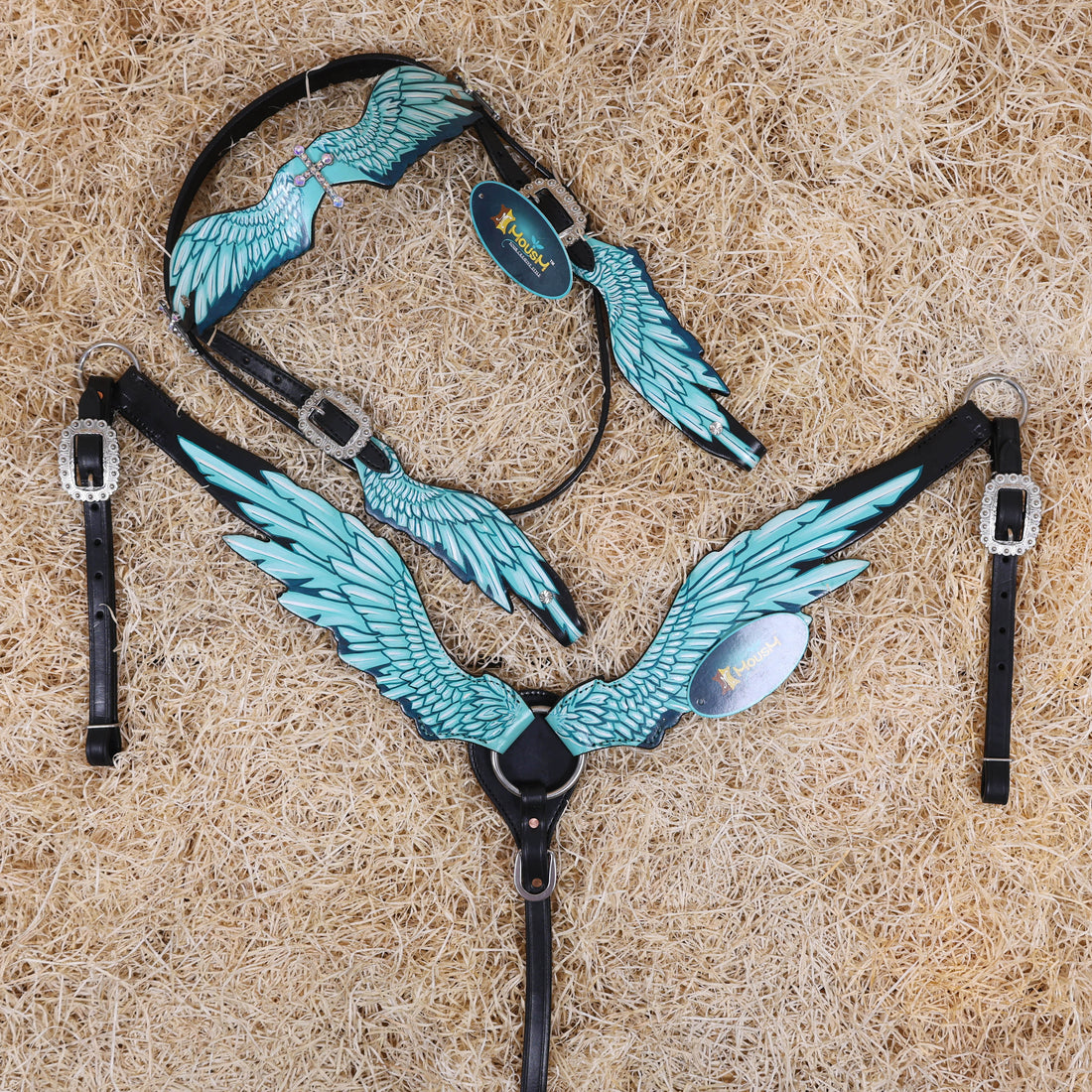 MOUSM Browband Headstall and Breast Collar Set – Made with Genuine Argentina Cow Leather, Featuring Hand-Painted Turquoise Angel Wings, Cross-Style Concho on Browband, Average Full Size Horse