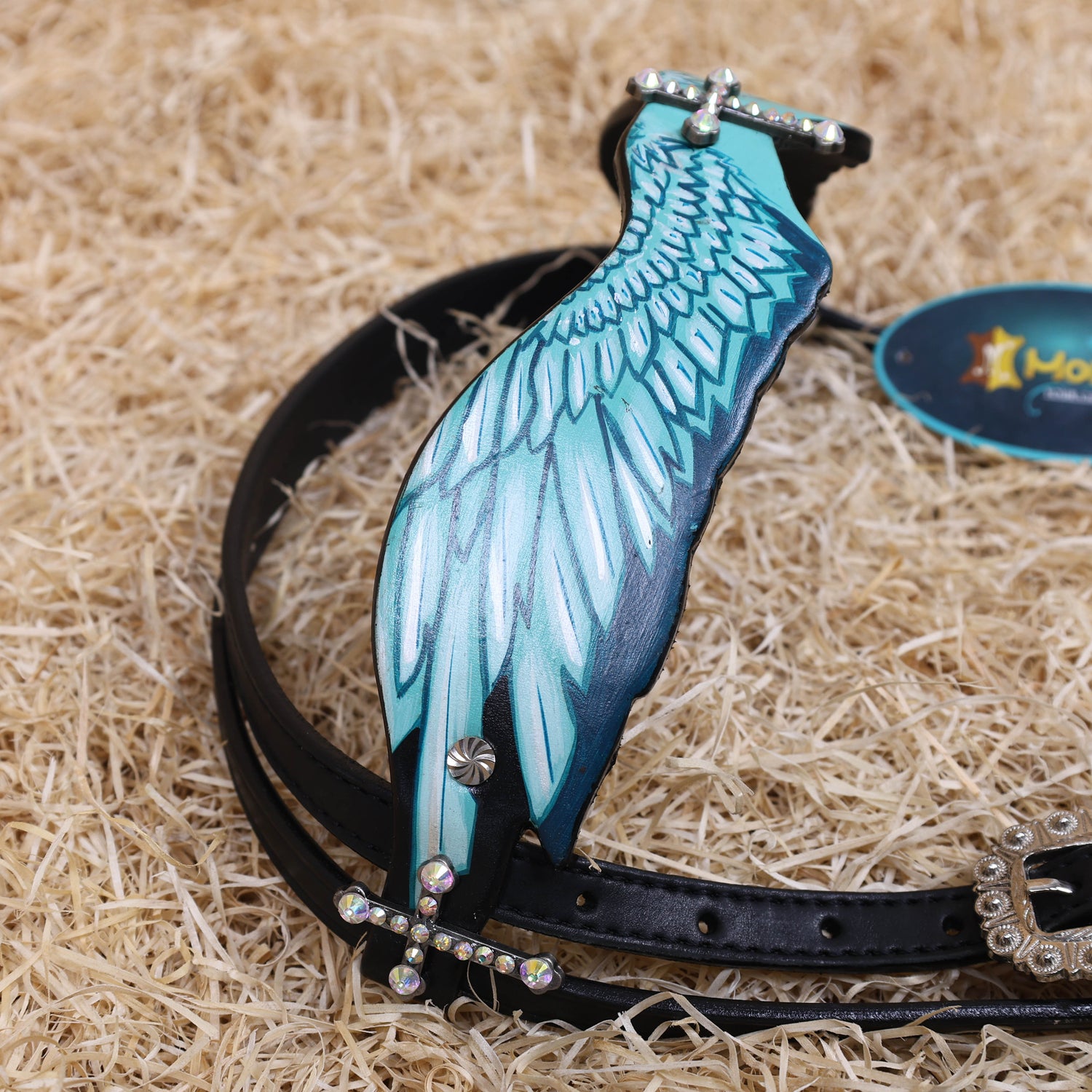 MOUSM Browband Headstall and Breast Collar Set – Made with Genuine Argentina Cow Leather, Featuring Hand-Painted Turquoise Angel Wings, Cross-Style Concho on Browband, Average Full Size Horse