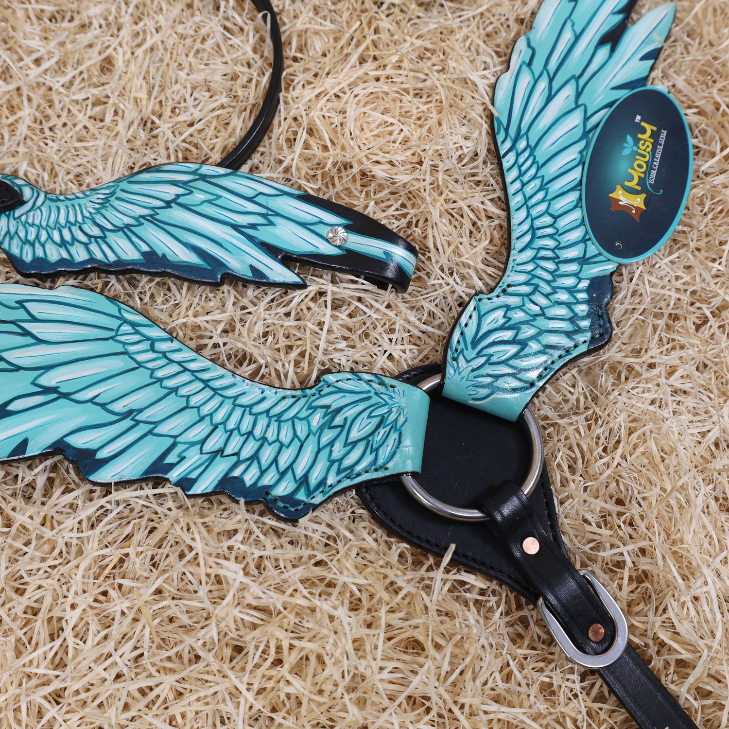 MOUSM Browband Headstall and Breast Collar Set – Made with Genuine Argentina Cow Leather, Featuring Hand-Painted Turquoise Angel Wings, Cross-Style Concho on Browband, Average Full Size Horse