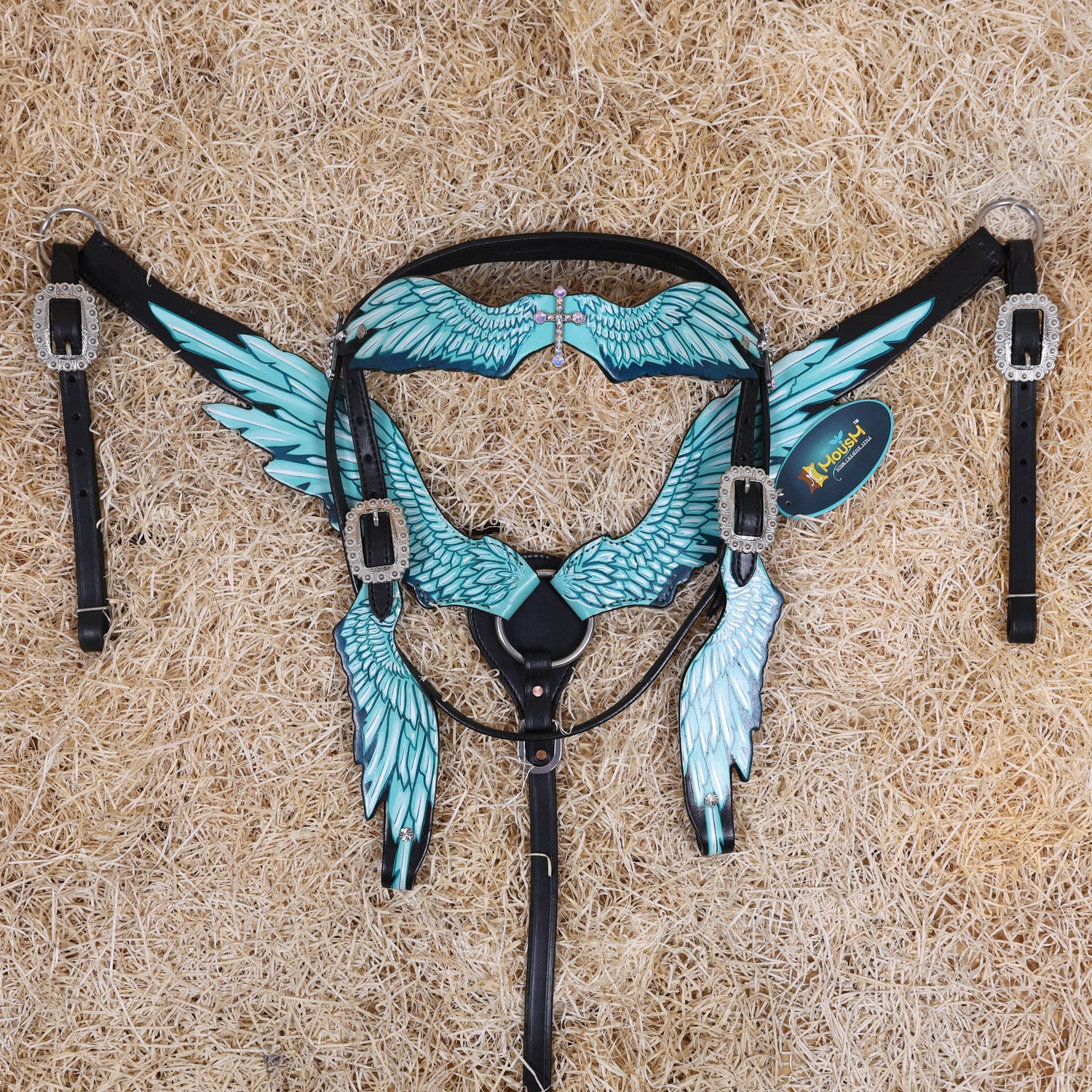 MOUSM Browband Headstall and Breast Collar Set – Made with Genuine Argentina Cow Leather, Featuring Hand-Painted Turquoise Angel Wings, Cross-Style Concho on Browband, Average Full Size Horse