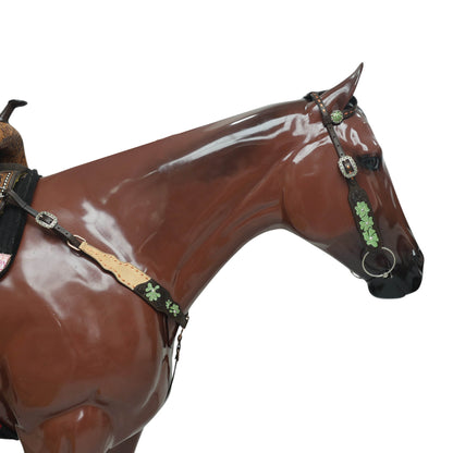MOUSM Western Tack Set – Handcrafted from Genuine Argentina Cow Leather, Featuring Hand-Carved Floral Design Adorned with Lime Green Stones and Copper Backstitching on Both Headstall and Breast Collar