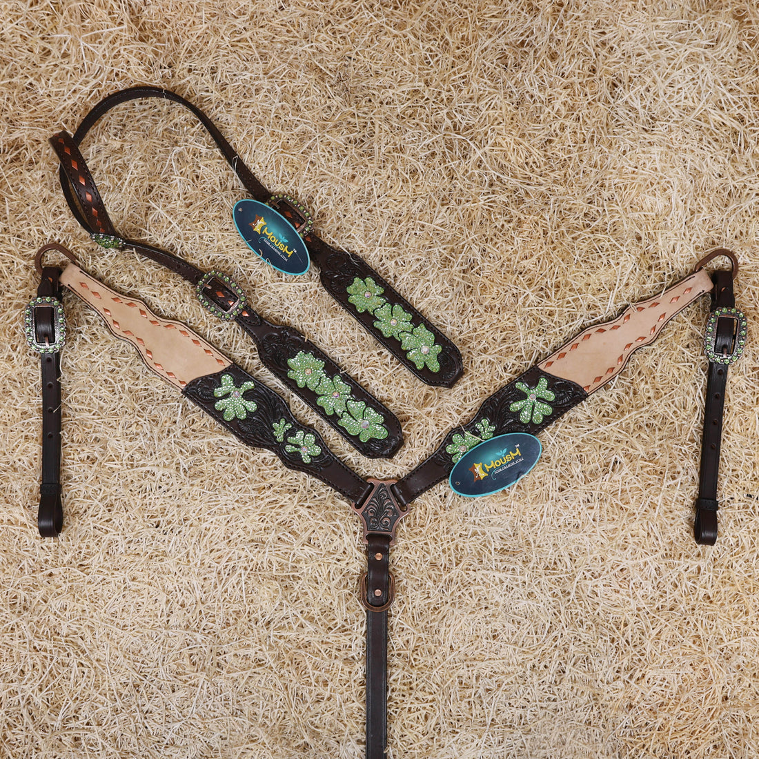 MOUSM Western Tack Set – Handcrafted from Genuine Argentina Cow Leather, Featuring Hand-Carved Floral Design Adorned with Lime Green Stones and Copper Backstitching on Both Headstall and Breast Collar